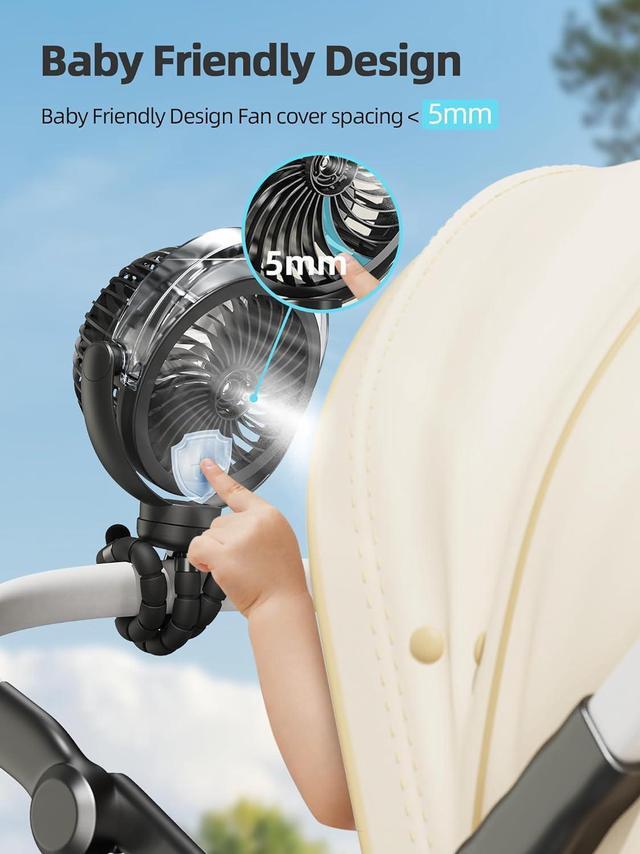 Alt view image 6 of 7 - Misting Stroller Fan 6000mAh Battery Operated Portable Fan with Light & 360° Pivoting Personal Fan with Flexible Tripod for Baby Office Travel Treadmill Outdoors
