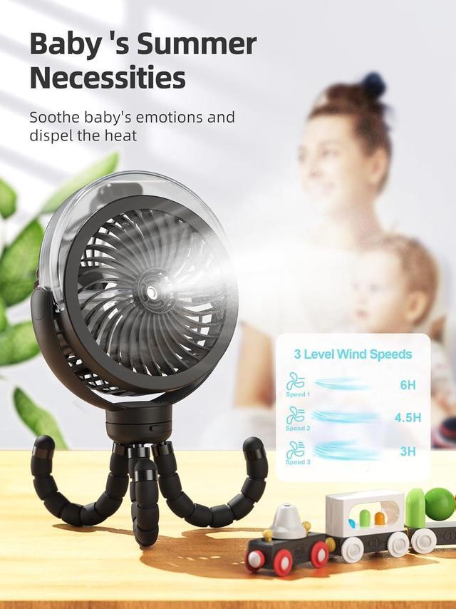 Alt view image 5 of 7 - Misting Stroller Fan 6000mAh Battery Operated Portable Fan with Light & 360° Pivoting Personal Fan with Flexible Tripod for Baby Office Travel Treadmill Outdoors