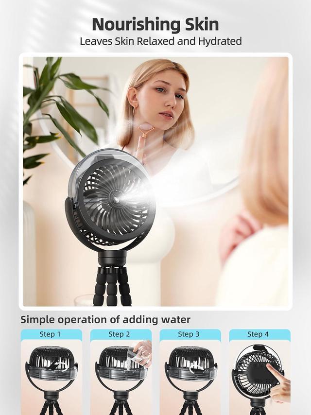 Alt view image 7 of 7 - Misting Stroller Fan 6000mAh Battery Operated Portable Fan with Light & 360° Pivoting Personal Fan with Flexible Tripod for Baby Office Travel Treadmill Outdoors