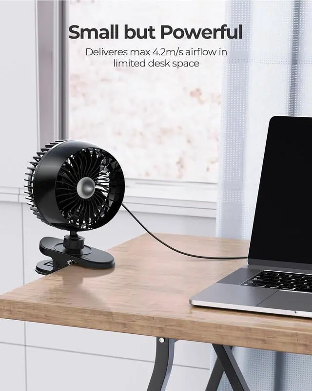 Alt view image 2 of 6 - USB Clip on Fan Strong Wind Ultra Quiet Small Desk Fan with Strong Clamp More Than 360° Adjustable 3 Speeds USB-C Corded Powered Mini Personal Fan for Home Office Desktop Black