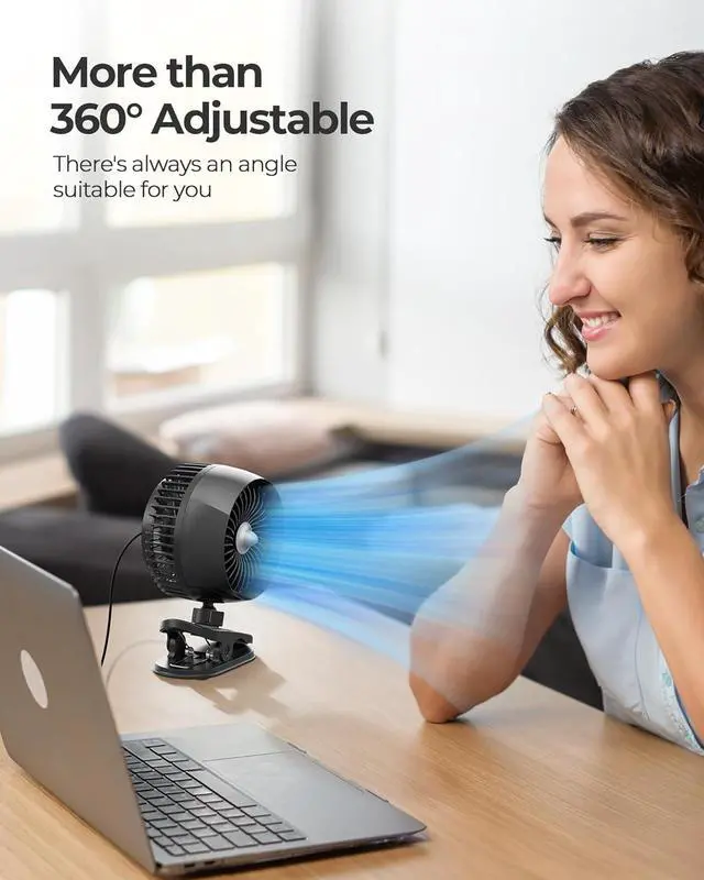 Alt view image 5 of 6 - USB Clip on Fan Strong Wind Ultra Quiet Small Desk Fan with Strong Clamp More Than 360° Adjustable 3 Speeds USB-C Corded Powered Mini Personal Fan for Home Office Desktop Black