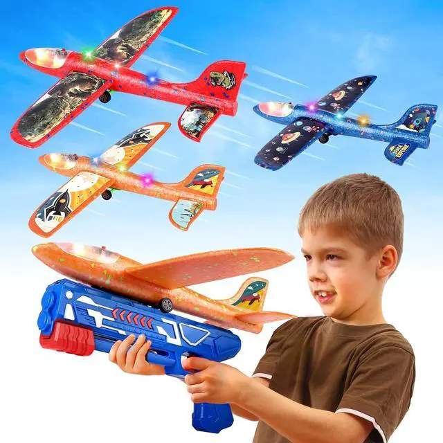 Main image of 3 Pack Foam Airplane Launcher Toy 12.6 Glider Led Plane Catapult Plane Boy Toys with 3 DIY Stickers Outdoor Sport Flying Toys for Kids Birthday Gifts for 4 5 6 7 8 9 10 11 12 Year Old Boys Girls