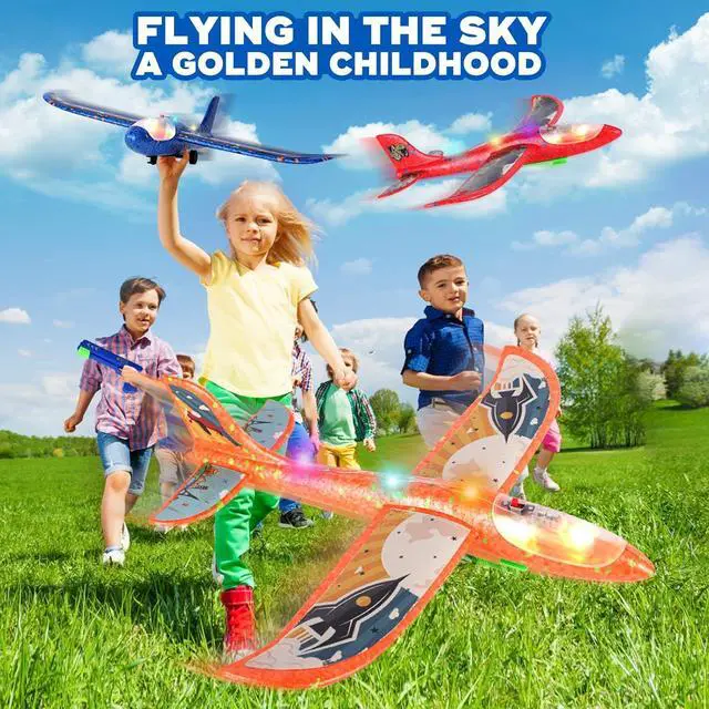 Alt view image 2 of 7 - 3 Pack Foam Airplane Launcher Toy 12.6 Glider Led Plane Catapult Plane Boy Toys with 3 DIY Stickers Outdoor Sport Flying Toys for Kids Birthday Gifts for 4 5 6 7 8 9 10 11 12 Year Old Boys Girls