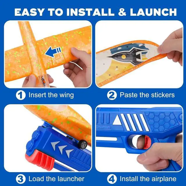 Alt view image 5 of 7 - 3 Pack Foam Airplane Launcher Toy 12.6 Glider Led Plane Catapult Plane Boy Toys with 3 DIY Stickers Outdoor Sport Flying Toys for Kids Birthday Gifts for 4 5 6 7 8 9 10 11 12 Year Old Boys Girls
