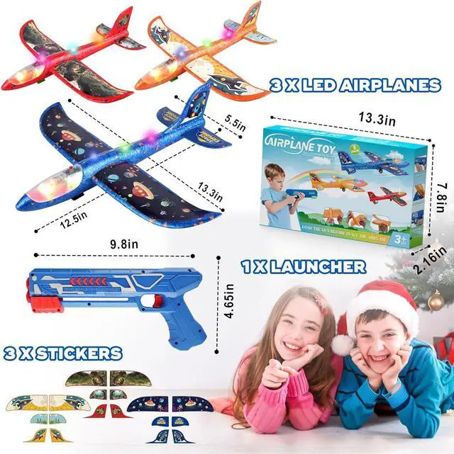 Alt view image 6 of 7 - 3 Pack Foam Airplane Launcher Toy 12.6 Glider Led Plane Catapult Plane Boy Toys with 3 DIY Stickers Outdoor Sport Flying Toys for Kids Birthday Gifts for 4 5 6 7 8 9 10 11 12 Year Old Boys Girls