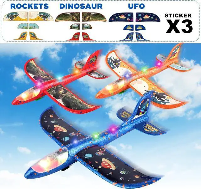 Alt view image 7 of 7 - 3 Pack Foam Airplane Launcher Toy 12.6 Glider Led Plane Catapult Plane Boy Toys with 3 DIY Stickers Outdoor Sport Flying Toys for Kids Birthday Gifts for 4 5 6 7 8 9 10 11 12 Year Old Boys Girls