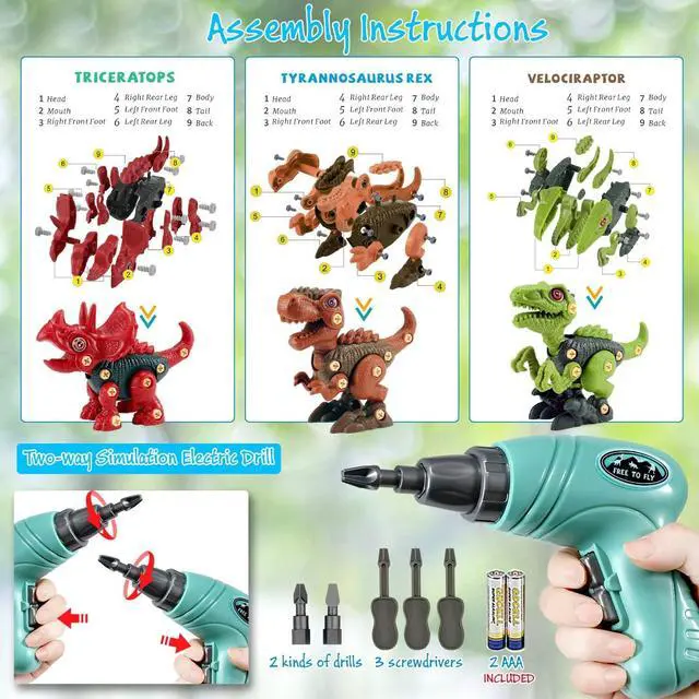 Alt view image 4 of 7 - Dinosaur Toys Gifts for 3 4 5 6 7 8 Year Old Boys: Stem Dinosaur Toy for Kids 3-5 Girls Toddler Building Learning Eductional Take Apart Dino Toys with Electric Drill Birthday