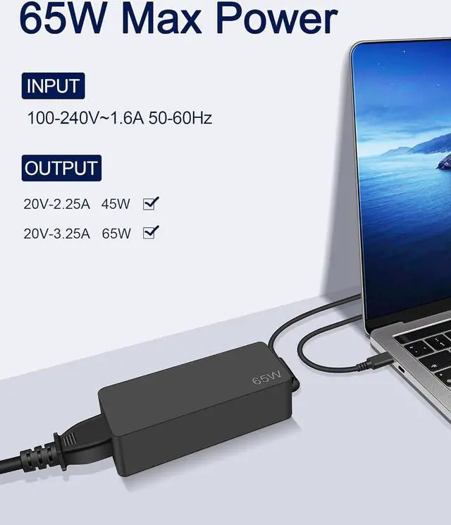 Alt view image 3 of 6 - Universal Chromebook Charger USB C 65W 45W Laptop Charger for  Thinkpad Yoga   Laptops Type C Fast Charging Laptop Adapter Power Cord 10FT