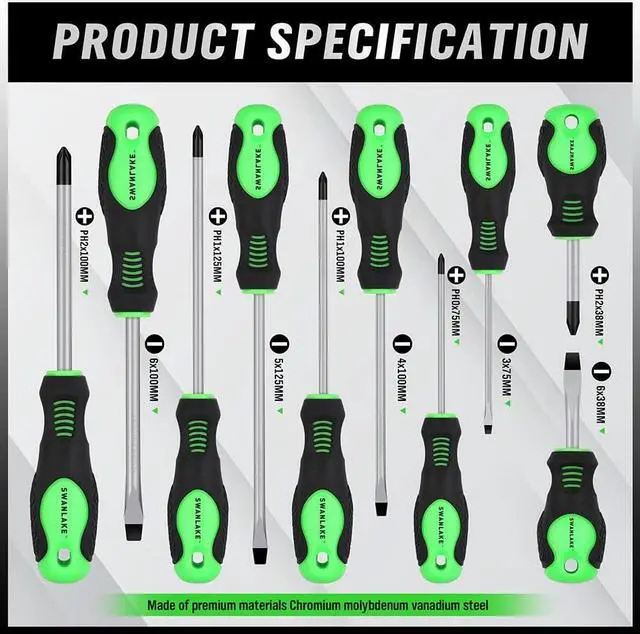 Alt view image 3 of 7 - SWANLAKE 11PCS Screwdriver Set Magnetic 5 Phillips and 5 Flat Head Tips for Fastening and Loosening Seized (11PCS)