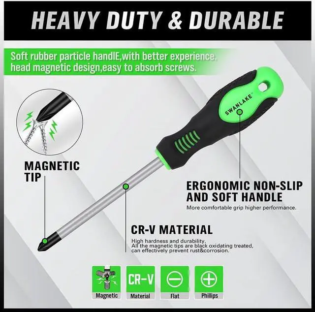 Alt view image 4 of 7 - SWANLAKE 11PCS Screwdriver Set Magnetic 5 Phillips and 5 Flat Head Tips for Fastening and Loosening Seized (11PCS)