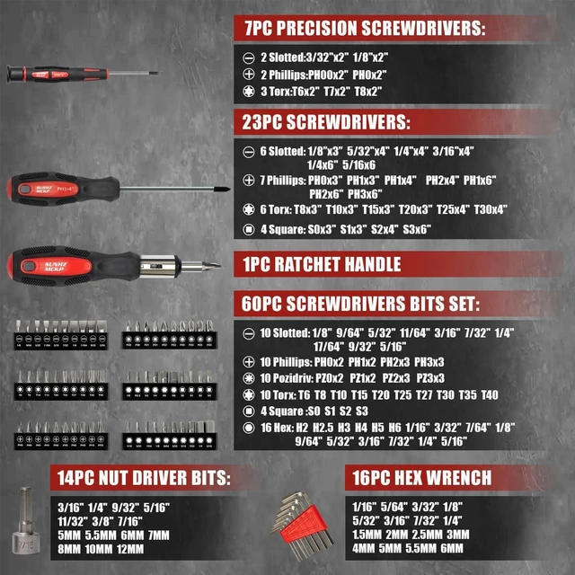 Alt view image 2 of 6 - SUNHZMCKP 124-Piece Magnetic Screwdriver set Includes Slotted Phillips Pozidriv Hex Torx and Precision Screwdriver ratcheting screwdriver and nut drivers With Storage rack