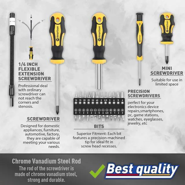 Alt view image 3 of 7 - Magnetic Screwdrivers Set with Case 43-piece Includs Slotted Phillips Hex Pozidriv Torx and Precision Screwdriver Set Magnetizer Demagnetizer Tools Tools for Men