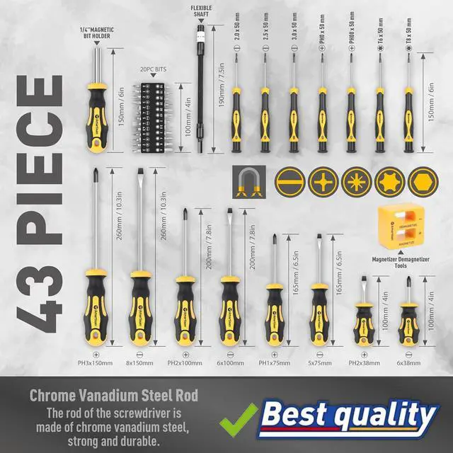 Alt view image 4 of 7 - Magnetic Screwdrivers Set with Case 43-piece Includs Slotted Phillips Hex Pozidriv Torx and Precision Screwdriver Set Magnetizer Demagnetizer Tools Tools for Men