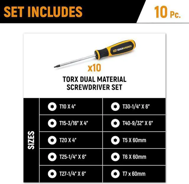Alt view image 6 of 6 - 10 Piece Torx Dual Material Screwdriver Set in Foam Storage Tray - GWMSSCRTX