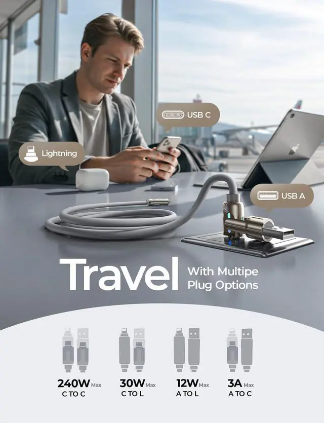 Alt view image 3 of 7 - USB C to Lightning Cable 240W 4 in 1 Charging Cable 6.6FT Chubby USB A/C to C/Lightning with Light for iPhone 16e 15 14 Pro/MacBook Air 17/iPad//Switch 2 Multi Chargers for All Devices