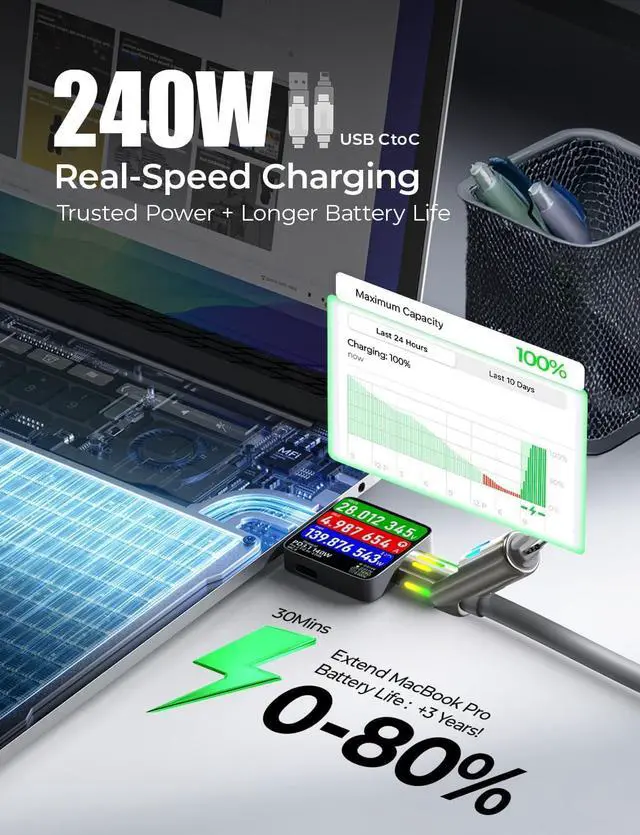 Alt view image 4 of 7 - USB C to Lightning Cable 240W 4 in 1 Charging Cable 6.6FT Chubby USB A/C to C/Lightning with Light for iPhone 16e 15 14 Pro/MacBook Air 17/iPad//Switch 2 Multi Chargers for All Devices