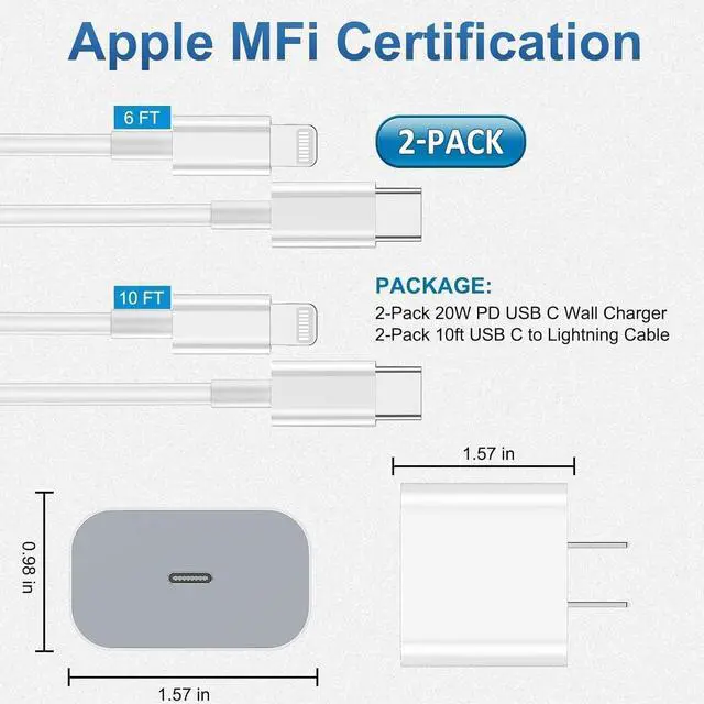 Alt view image 5 of 7 - iPhone Charger Fast Charging 2 Pack Type C Wall Charger Block with 2 Pack [6FT&10FT] Long USB C to Lightning Cable for iPhone 14/13/12/12 Pro Max/11/Xs Max/XR/X