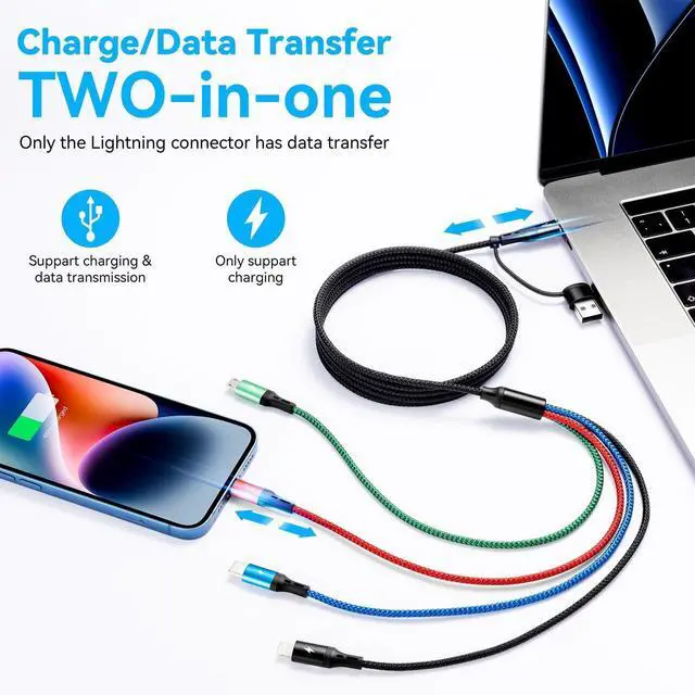 Alt view image 3 of 7 - 5 in 1 Multi Charging Cable 3.5A Multi Fast Charging Cord USB A/C to Type C/Micro USB/Lightning Universal Braided Charger Cable Multi Charger for Cell Phones iPhone Galaxy (2 Black 4Feet)