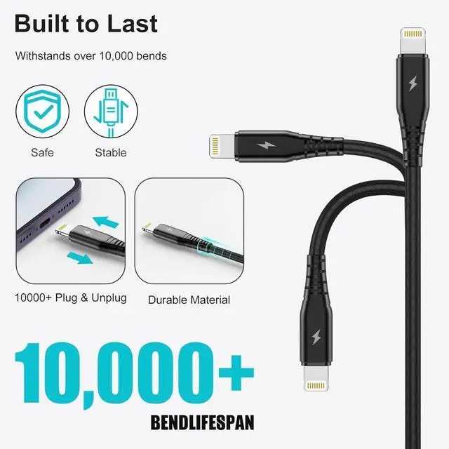 Alt view image 3 of 6 - 3 Pack 6FT Long USB A to Lightning Fast Charging Cord  MFi Certified Compatible for iPhone 14 13 12 11 Pro/Pro Max/Plus XR XS X 8 iPad Car iPhone Carplay Cable iPhone Car Charger Cord-Black