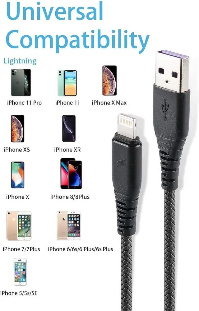 Alt view image 6 of 6 - 3 Pack 6FT Long USB A to Lightning Fast Charging Cord  MFi Certified Compatible for iPhone 14 13 12 11 Pro/Pro Max/Plus XR XS X 8 iPad Car iPhone Carplay Cable iPhone Car Charger Cord-Black
