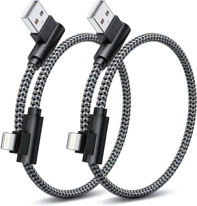 Main image of iPhone Charger 1ft 90 Degree 2 Pack MFi Certified Elbow Short Lightning Cable Right Angle Fast Charging Cord for iPhone 14 13 12 11 Pro X XS XR 8 Plus 7 6 5 (Black Grey 1 Foot)