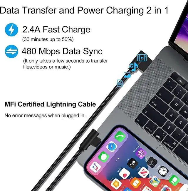 Alt view image 3 of 7 - iPhone Charger 1ft 90 Degree 2 Pack MFi Certified Elbow Short Lightning Cable Right Angle Fast Charging Cord for iPhone 14 13 12 11 Pro X XS XR 8 Plus 7 6 5 (Black Grey 1 Foot)