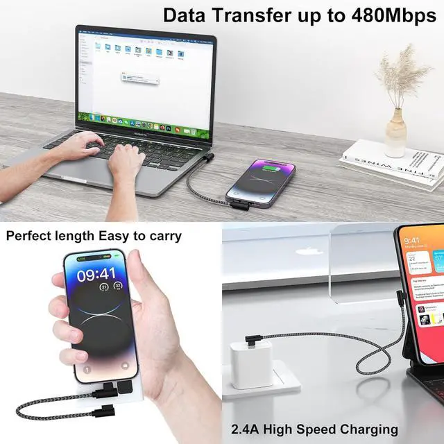 Alt view image 5 of 7 - iPhone Charger 1ft 90 Degree 2 Pack MFi Certified Elbow Short Lightning Cable Right Angle Fast Charging Cord for iPhone 14 13 12 11 Pro X XS XR 8 Plus 7 6 5 (Black Grey 1 Foot)