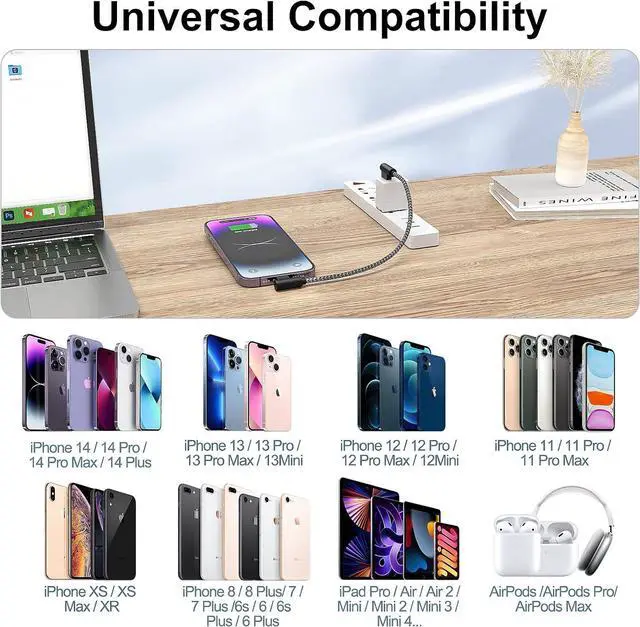 Alt view image 7 of 7 - iPhone Charger 1ft 90 Degree 2 Pack MFi Certified Elbow Short Lightning Cable Right Angle Fast Charging Cord for iPhone 14 13 12 11 Pro X XS XR 8 Plus 7 6 5 (Black Grey 1 Foot)