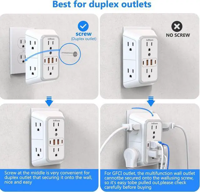 Alt view image 4 of 7 - Outlet Extender Surge Protector - 6 Outlet Splitter with 4 USB Ports (2 USB C) Multiple Plug Expander Wall Charger 3 Sided Multi Plug Wall Adapter Power Strip for Home Office Kitchen Travel