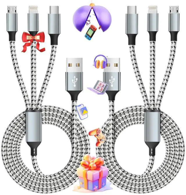 Main image of Multi Charging Cable (2 Pack 4FT) Multi USB Charger 3 in 1 Charging Cable Nylon Braided Fast Charging Cord with Type-C Micro USB IP Port for Most Phones/iPhones/Tablets