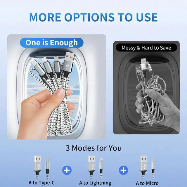Alt view image 3 of 7 - Multi Charging Cable (2 Pack 4FT) Multi USB Charger 3 in 1 Charging Cable Nylon Braided Fast Charging Cord with Type-C Micro USB IP Port for Most Phones/iPhones/Tablets