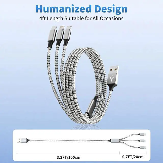 Alt view image 5 of 7 - Multi Charging Cable (2 Pack 4FT) Multi USB Charger 3 in 1 Charging Cable Nylon Braided Fast Charging Cord with Type-C Micro USB IP Port for Most Phones/iPhones/Tablets