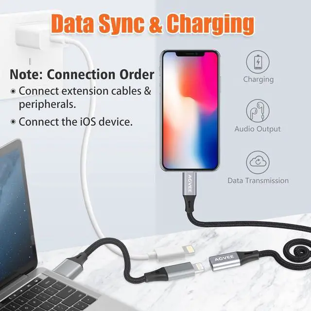 Alt view image 3 of 7 - 3.3ft Lightning Extension Cable Braided Female to Male Extender Full Function Cord Compatible with iPhone iPad Data Sync Video Audio & Charging Connector Adapter Dark Gray