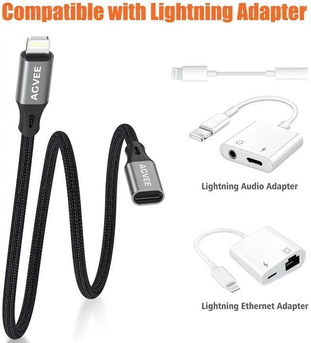 Alt view image 5 of 7 - 3.3ft Lightning Extension Cable Braided Female to Male Extender Full Function Cord Compatible with iPhone iPad Data Sync Video Audio & Charging Connector Adapter Dark Gray