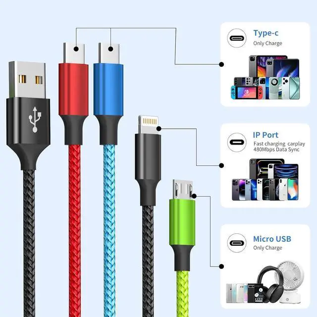 Alt view image 2 of 7 - Travel Essentials Multi Charging Cable [2Pack 5FT] Nylon 4 in 1 Charging Cable USB Cables Phone Charger with IP/Type C/Type C/Micro Port Compatible with Most Cell Phones/Tablets and More