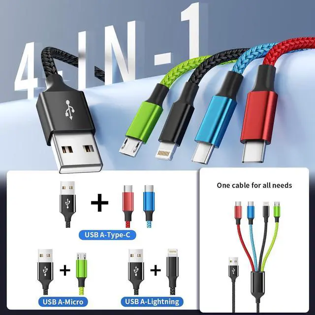 Alt view image 3 of 7 - Travel Essentials Multi Charging Cable [2Pack 5FT] Nylon 4 in 1 Charging Cable USB Cables Phone Charger with IP/Type C/Type C/Micro Port Compatible with Most Cell Phones/Tablets and More