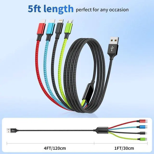 Alt view image 7 of 7 - Travel Essentials Multi Charging Cable [2Pack 5FT] Nylon 4 in 1 Charging Cable USB Cables Phone Charger with IP/Type C/Type C/Micro Port Compatible with Most Cell Phones/Tablets and More