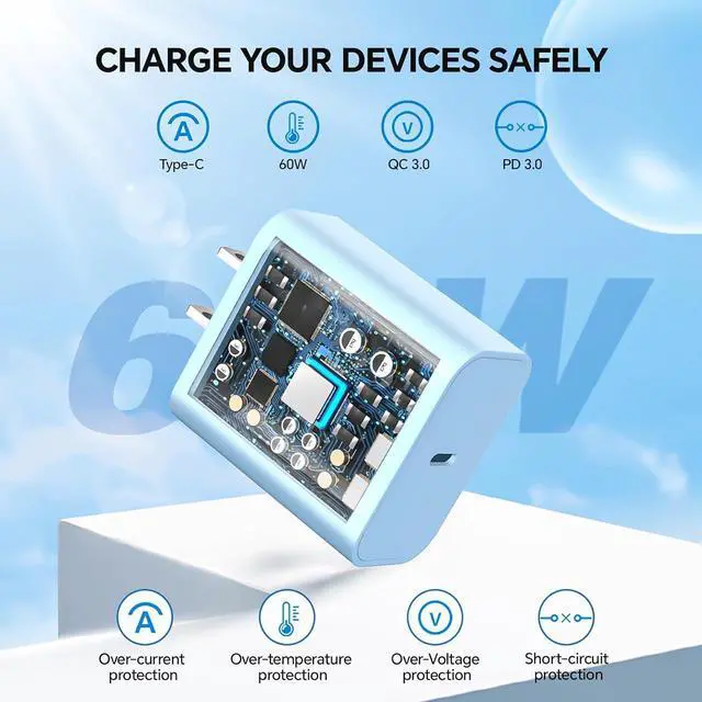 Alt view image 2 of 7 - USB C Fast Charger 2Pack 20W Type C Wall Charger Block and 60W 10FT i Phone Fast Charging Cord Compatible with i Phone 15/16 Pro/Plus/Pro Max/ - Purple Blue