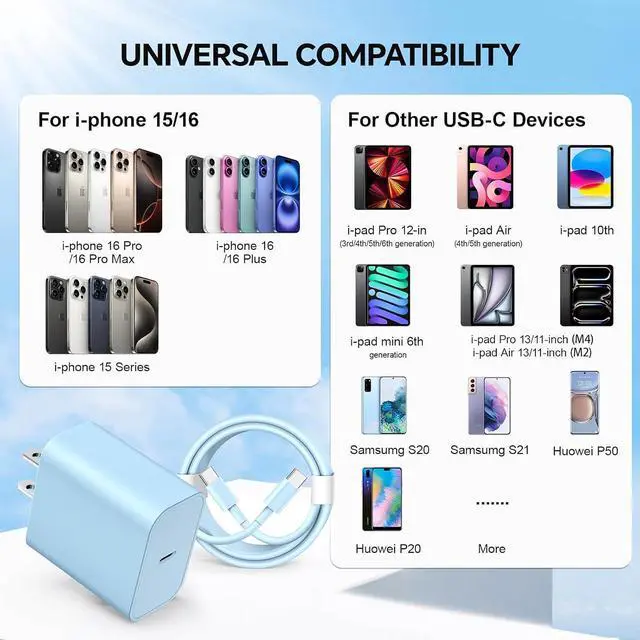 Alt view image 5 of 7 - USB C Fast Charger 2Pack 20W Type C Wall Charger Block and 60W 10FT i Phone Fast Charging Cord Compatible with i Phone 15/16 Pro/Plus/Pro Max/ - Purple Blue