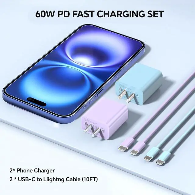 Alt view image 6 of 7 - USB C Fast Charger 2Pack 20W Type C Wall Charger Block and 60W 10FT i Phone Fast Charging Cord Compatible with i Phone 15/16 Pro/Plus/Pro Max/ - Purple Blue