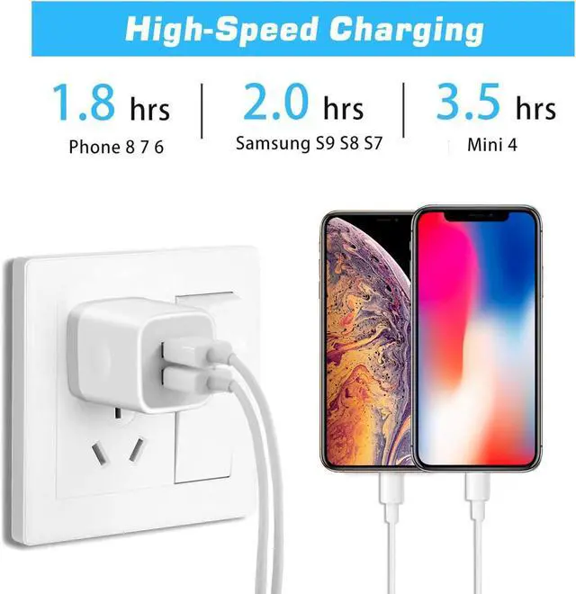 Alt view image 2 of 7 - USB Wall Charger 4-Pack 2.1A Dual Port USB Cube Power Adapter Charger Plug Charging Blocks Brick for iPhone 16e/16/15/14/13/12/11/XS/X/8/7/6 Plus Watch Series/Ultra Galaxy Moto Android