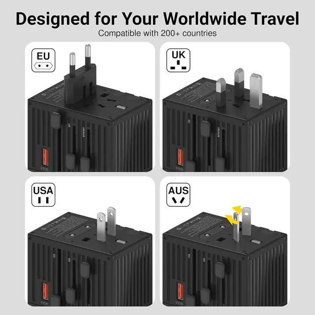 Alt view image 2 of 7 - WorldTravel 35W GaN 5-Port Wall Charger - Compact Universal Travel Adapter with 4 Plug Types (US/UK/EU/AU) for 200+ Countries - 4X USB-C & 1x USB-A Ports PD Fast Charging - Black