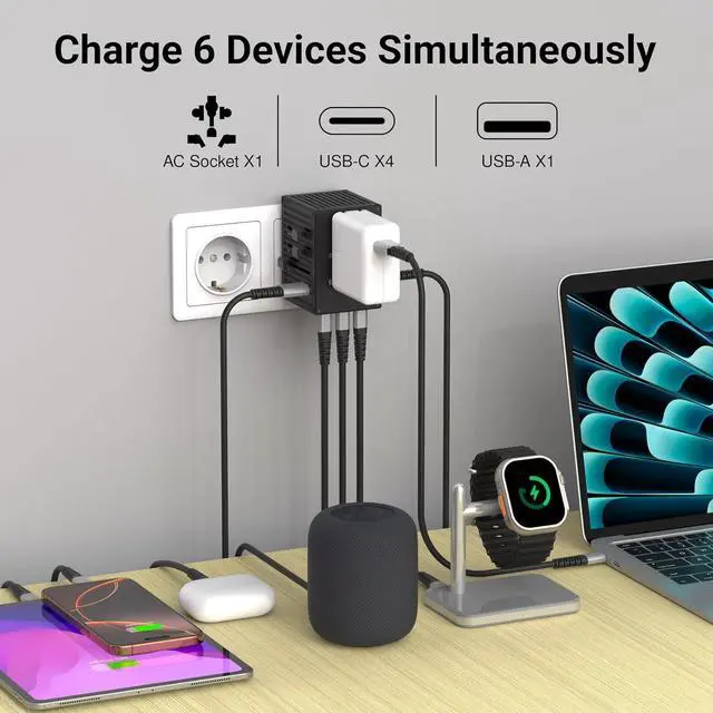 Alt view image 3 of 7 - WorldTravel 35W GaN 5-Port Wall Charger - Compact Universal Travel Adapter with 4 Plug Types (US/UK/EU/AU) for 200+ Countries - 4X USB-C & 1x USB-A Ports PD Fast Charging - Black