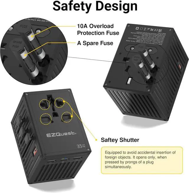 Alt view image 5 of 7 - WorldTravel 35W GaN 5-Port Wall Charger - Compact Universal Travel Adapter with 4 Plug Types (US/UK/EU/AU) for 200+ Countries - 4X USB-C & 1x USB-A Ports PD Fast Charging - Black