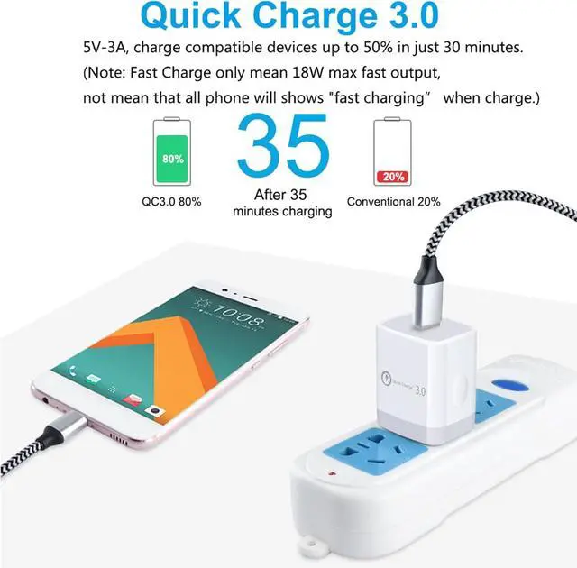 Alt view image 2 of 7 - Quick Charge 3.0 Fast Charger Compatible LG Stylo 4/5/6 LG G5 G6 G7 G8 V20 V30 V40 V50 ThinQ  Galaxy S24 S23 S22 S21 18W Rapid Wall Charger with 6Ft USB Type C Charging Cord Cable
