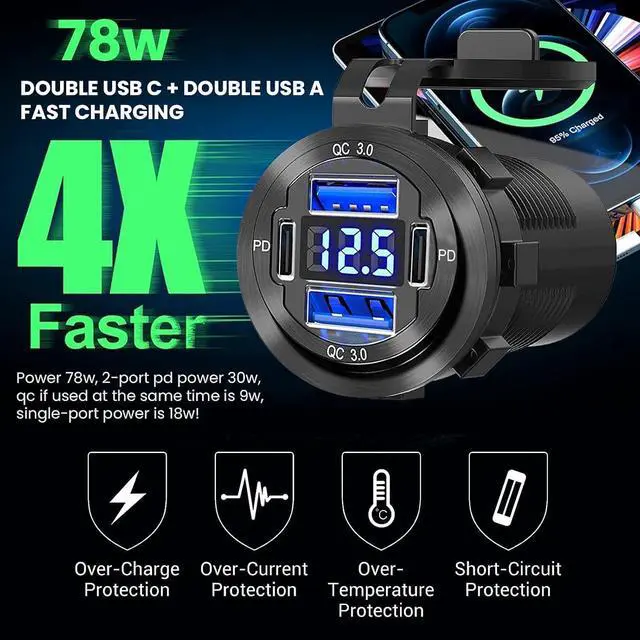 Alt view image 2 of 7 - Upgraded 12V USB Charger with 4 Ports - Aluminum Alloy Car Outlet with LED Voltmeter for Cars Golf Carts Boats RVs Trucks and Motorcycles (Pack of 1)