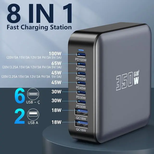 Alt view image 2 of 7 - 350W USB Fast Charging Station 8 Port USB C Multi Port Charger Block with PD 100W Fast Charging Station for Multiple Devices USB Charger Block Compatible iPhone Android Cell Phone Tablet iPad