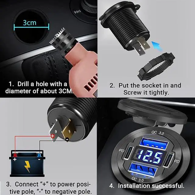 Alt view image 5 of 7 - Upgraded 12V USB Charger with 4 Ports - Aluminum Alloy Car Outlet with LED Voltmeter for Cars Golf Carts Boats RVs Trucks and Motorcycles (Pack of 1)