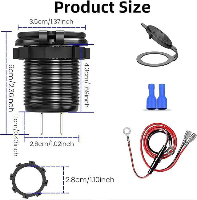 Alt view image 6 of 7 - Upgraded 12V USB Charger with 4 Ports - Aluminum Alloy Car Outlet with LED Voltmeter for Cars Golf Carts Boats RVs Trucks and Motorcycles (Pack of 1)
