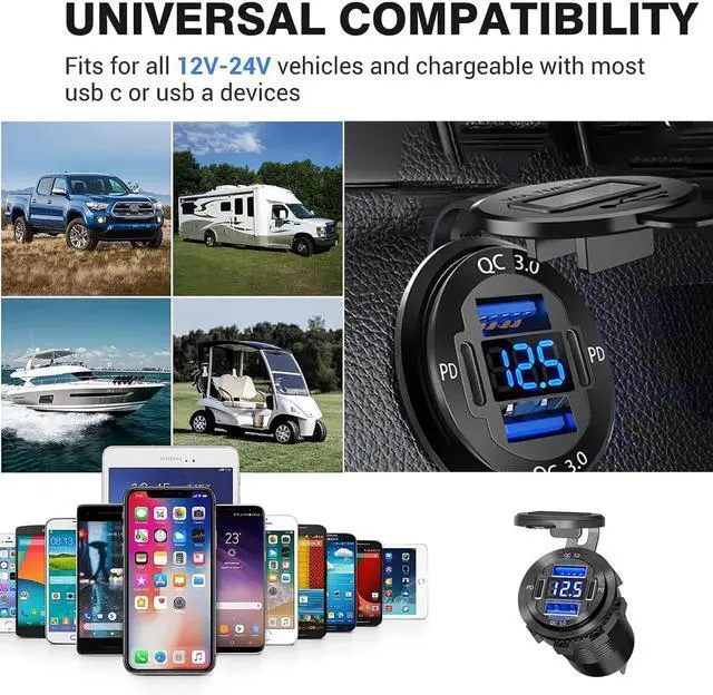 Alt view image 7 of 7 - Upgraded 12V USB Charger with 4 Ports - Aluminum Alloy Car Outlet with LED Voltmeter for Cars Golf Carts Boats RVs Trucks and Motorcycles (Pack of 1)